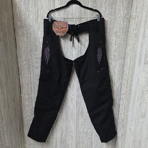 Milwaukee Leather Black Chaps Purple Feather Accent Textile Chaps Womens XXL NWT
